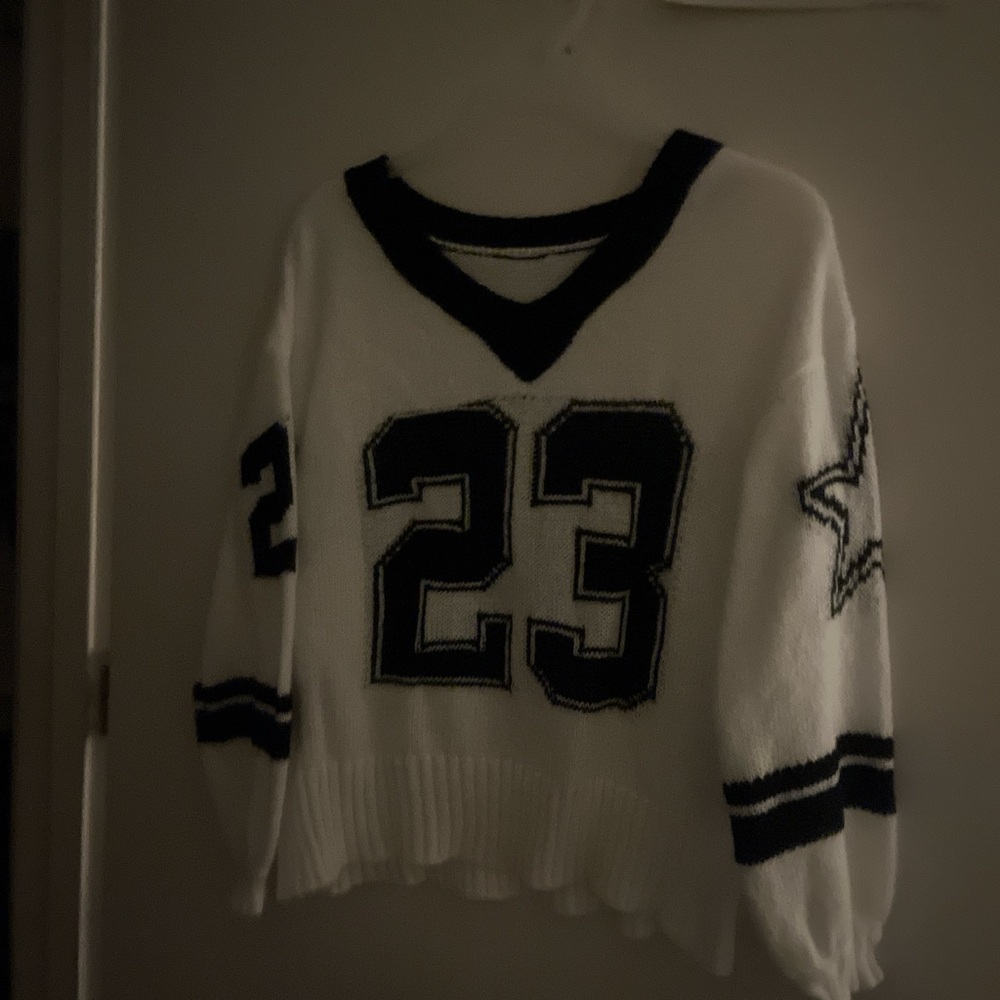 Women's White and Black V-Neck Jersey number 23 Sweater